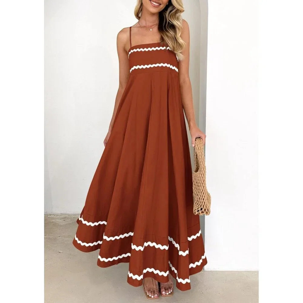 Women's Rust Casual Sleeveless Spaghetti Strap Ruffle Beach Maxi Dress
